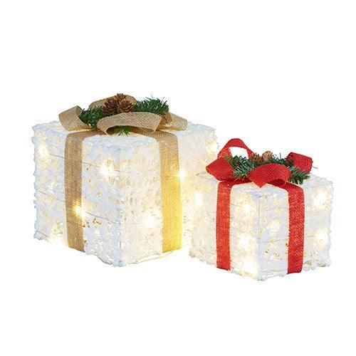 2 Piece Christmas Present Display Set With Lights & Snow Finish - Giftolicious