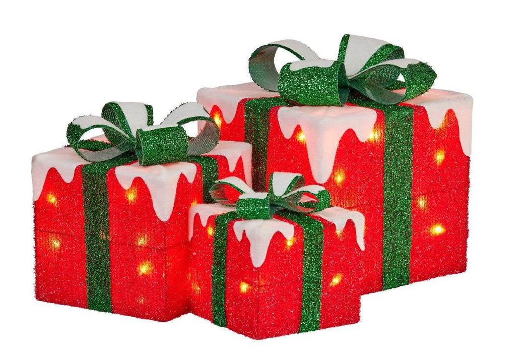 3 Piece Christmas Present Display Set With Lights­ Red Finish - Giftolicious