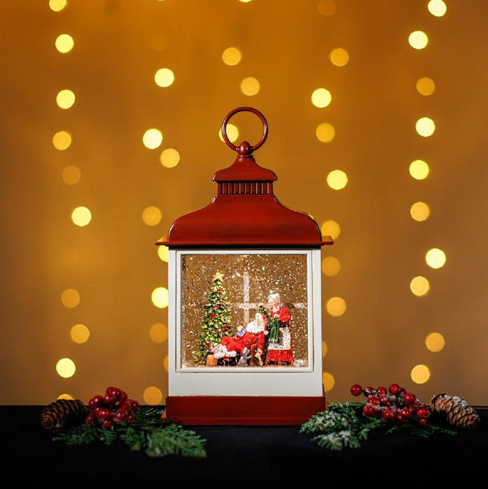 Snowing Red Hamptons Lantern W/ Mr. And Mrs. Santa Claus Xmas Lights - Giftolicious