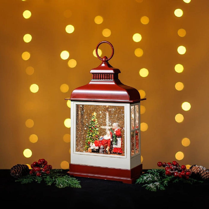 Snowing Red Hamptons Lantern W/ Mr. And Mrs. Santa Claus Xmas Lights - Giftolicious